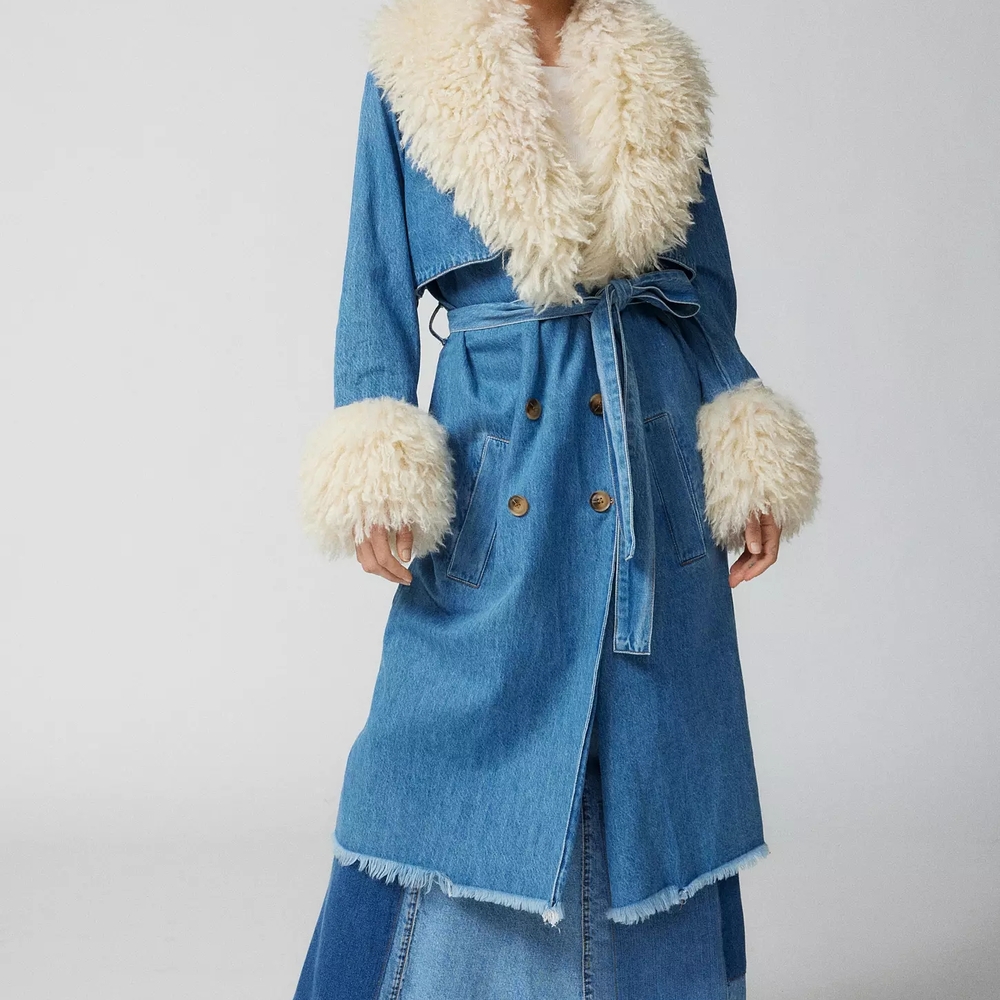 Denim Coat with Faux Fur Trim